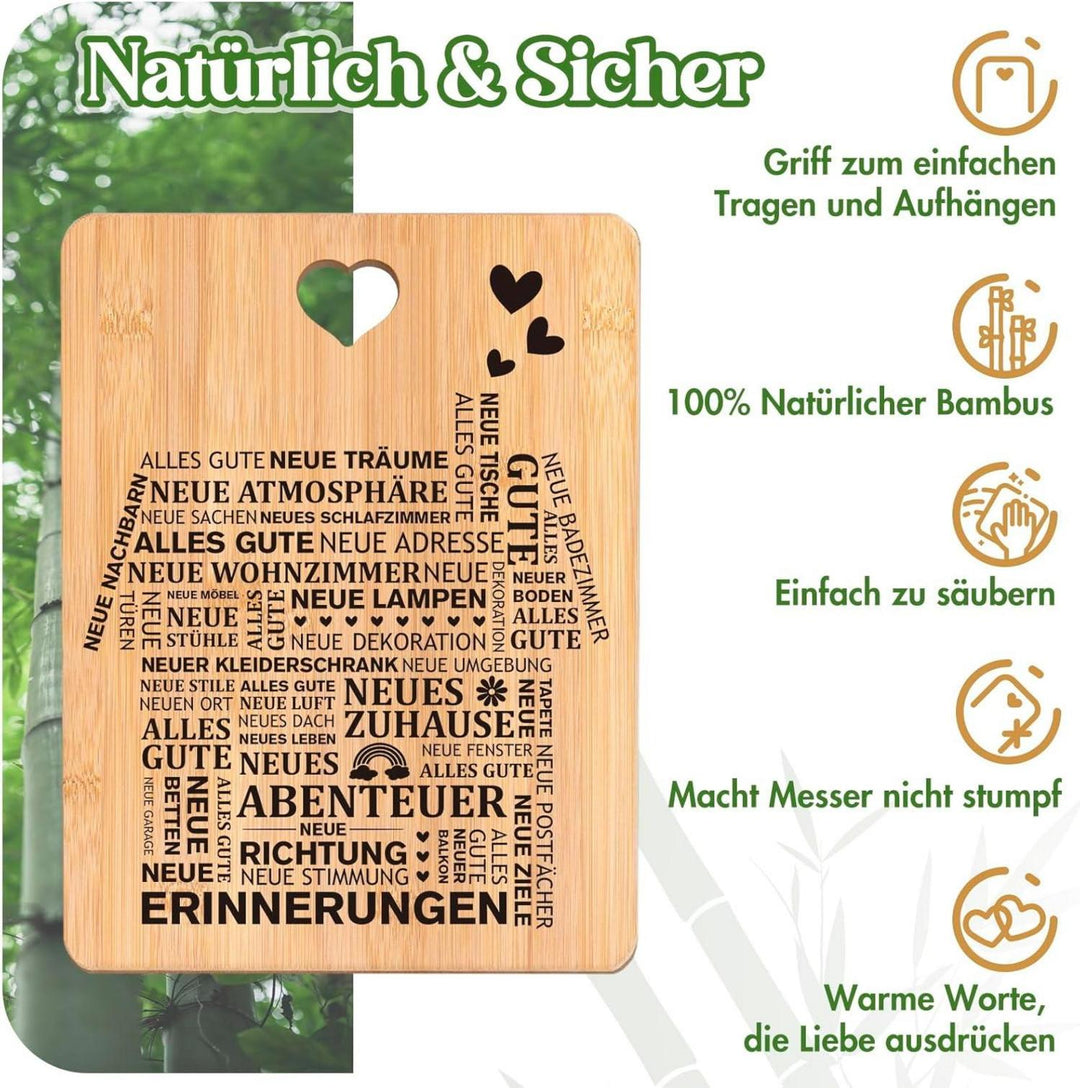 Einzugsgeschenk Schneidebrett | Graviertes Bambusbrett mit Hausmotiv, Glückwünschen und praktischem Griff für die Einweihungsfeier