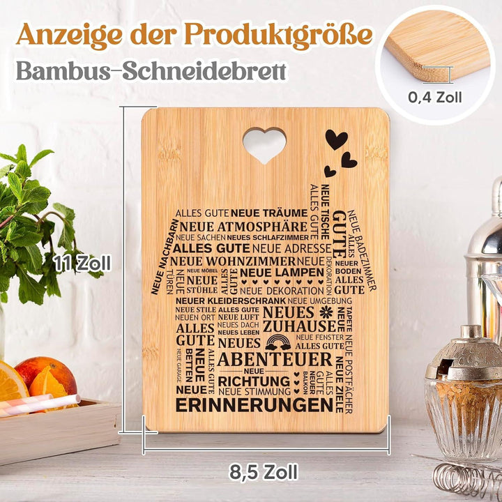 Einzugsgeschenk Schneidebrett | Graviertes Bambusbrett mit Hausmotiv, Glückwünschen und praktischem Griff für die Einweihungsfeier
