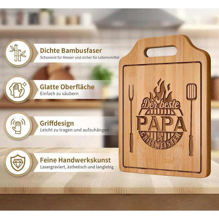 Schneidebrett für Papa | Graviertes Bambusbrett mit Grillmeister-Spruch als Geschenk zum Vatertag, Geburtstag oder zu Weihnachten