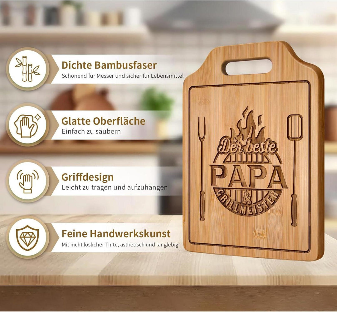Schneidebrett für Papa | Graviertes Bambusbrett mit Grillmeister-Spruch als Geschenk zum Vatertag, Geburtstag oder zu Weihnachten