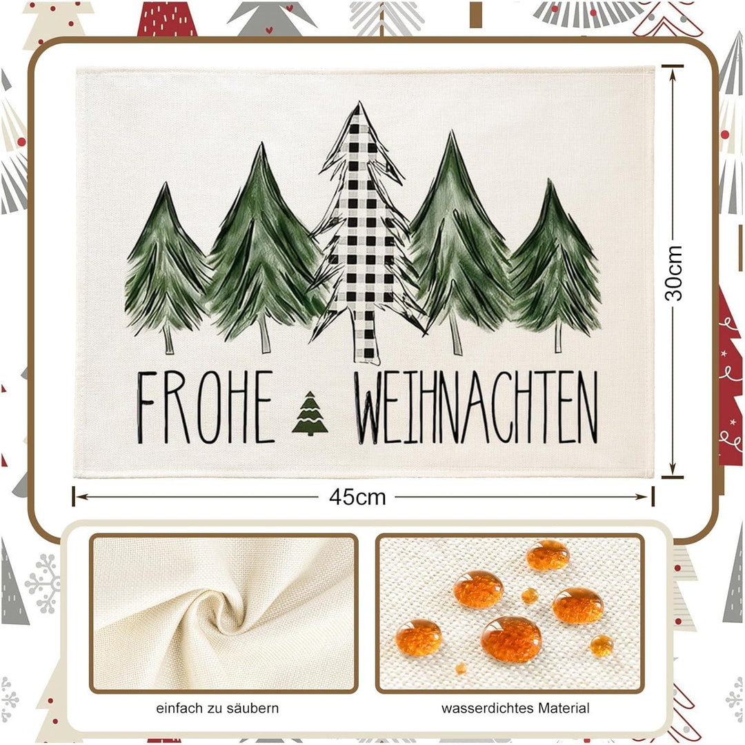 Weihnachtliche Tischsets 4er Set in Grün | Wasserabweisende Platzsets aus Leinen-Mischgewebe, 30 x 45 cm, abwaschbare Weihnachtsdeko