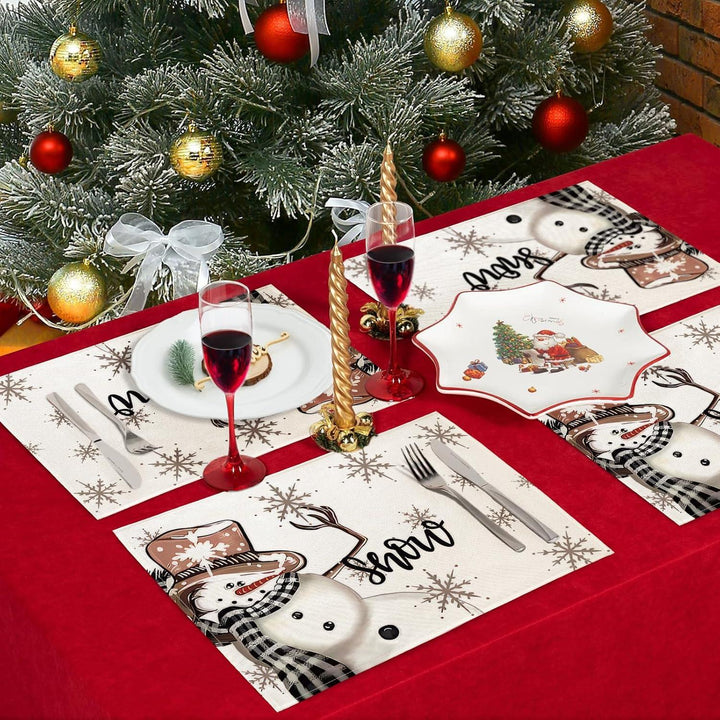 Weihnachts-Tischsets 4er Set 30 x 45 cm | Abwaschbare Platzsets mit Schneemann-Motiv aus wasserabweisendem Leinen-Mischgewebe