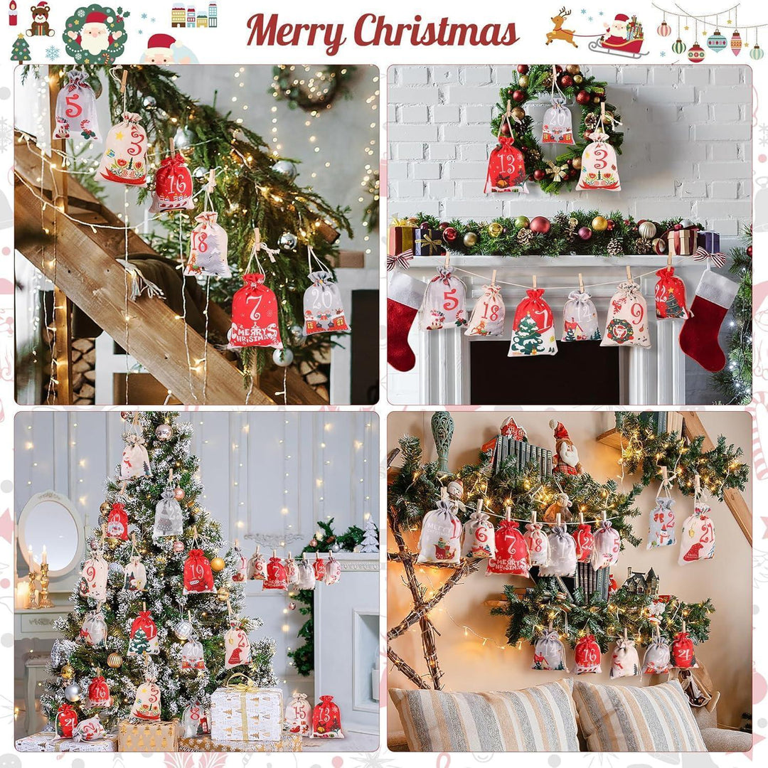 Adventskalender DIY zum Befüllen mit 24 Stoffbeuteln | Wiederverwendbare Weihnachtssäckchen in 2 Größen mit Holzklammern und 10 m Hanfseil