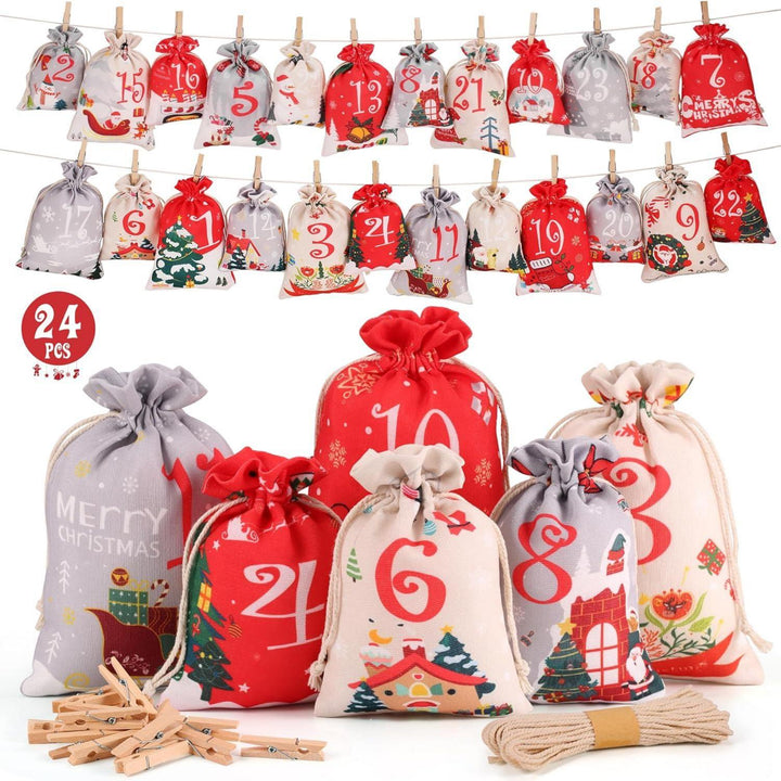 Adventskalender DIY zum Befüllen mit 24 Stoffbeuteln | Wiederverwendbare Weihnachtssäckchen in 2 Größen mit Holzklammern und 10 m Hanfseil