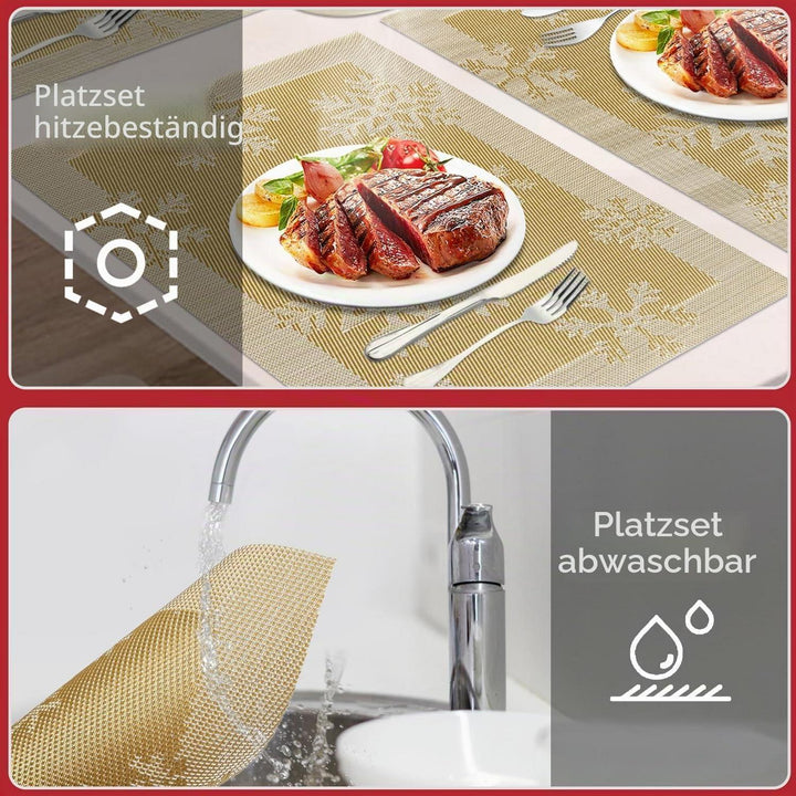 Weihnachts-Platzsets 6er Set in Gold 45 x 30 cm | Abwaschbare, rutschfeste Tischsets mit Weihnachtsmotiv, hitzebeständig bis 80 °C