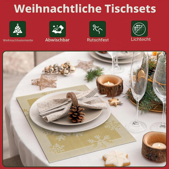 Weihnachts-Platzsets 6er Set in Gold 45 x 30 cm | Abwaschbare, rutschfeste Tischsets mit Weihnachtsmotiv, hitzebeständig bis 80 °C