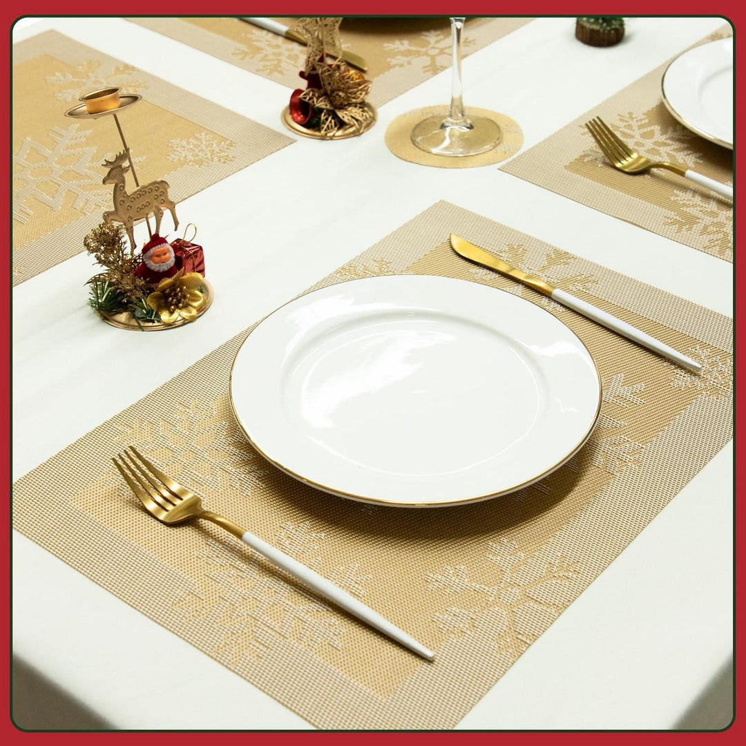 Weihnachts-Platzsets 6er Set in Gold 45 x 30 cm | Abwaschbare, rutschfeste Tischsets mit Weihnachtsmotiv, hitzebeständig bis 80 °C