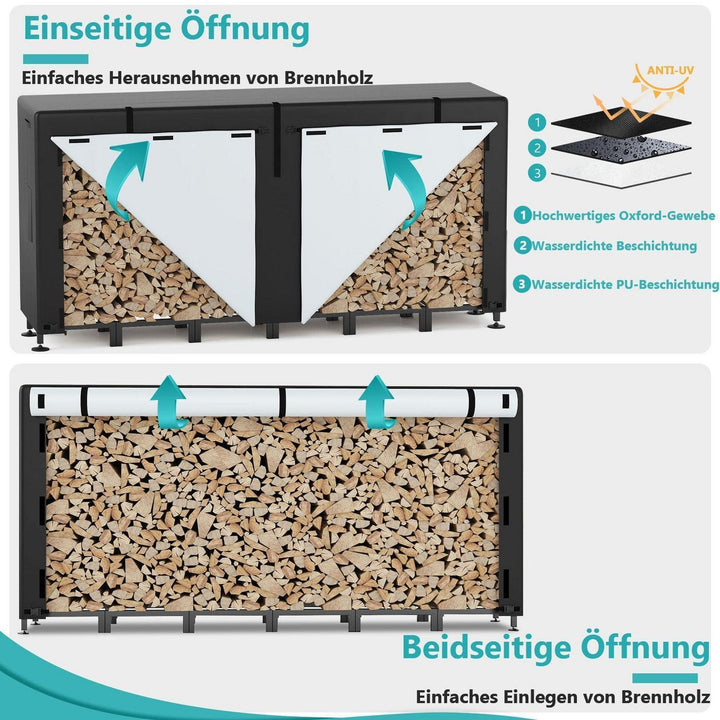 Kaminholzregal mit Abdeckung 235 x 25 x 116 cm | Wetterfestes Brennholzregal aus Stahl für Garten und Terrasse bis 1134 kg