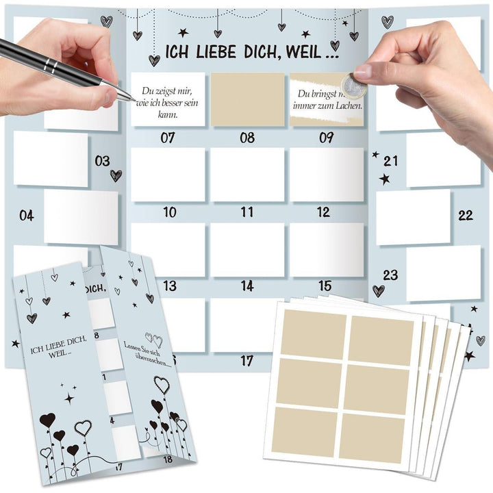 Adventskalender für Paare zum Selbstbefüllen mit 24 Rubbelfeldern | DIY Rubbelkalender mit Silberaufklebern für persönliche Liebesbotschaften