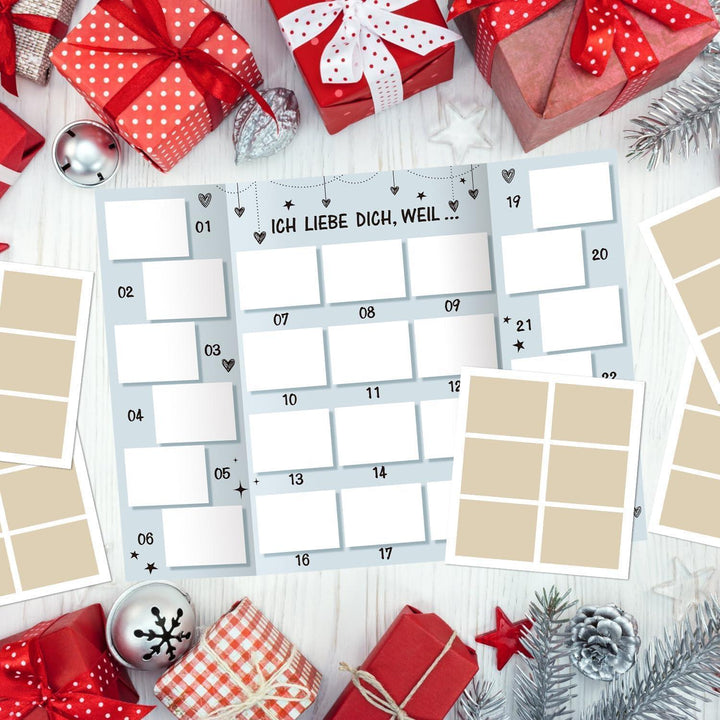 Adventskalender für Paare zum Selbstbefüllen mit 24 Rubbelfeldern | DIY Rubbelkalender mit Silberaufklebern für persönliche Liebesbotschaften