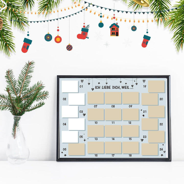 Adventskalender für Paare zum Selbstbefüllen mit 24 Rubbelfeldern | DIY Rubbelkalender mit Silberaufklebern für persönliche Liebesbotschaften
