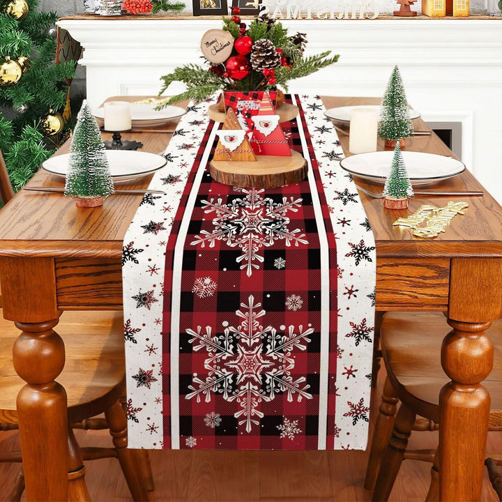 Weihnachtlicher Tischläufer aus Leinen mit Schneeflocken | Rot-schwarzes Karomuster, 183 x 33 cm, waschbare Tischdeko für Weihnachten