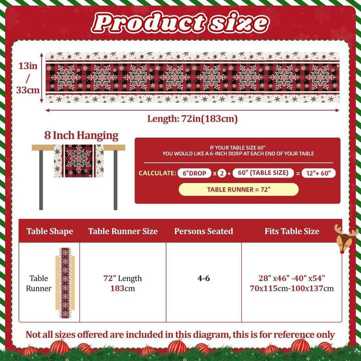 Weihnachtlicher Tischläufer aus Leinen mit Schneeflocken | Rot-schwarzes Karomuster, 183 x 33 cm, waschbare Tischdeko für Weihnachten