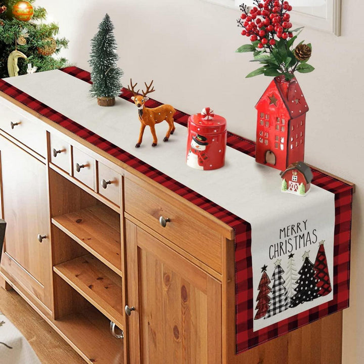 Weihnachtlicher Tischläufer aus Leinen in Rot | 180 x 33 cm mit Weihnachtsbaum-Motiv, moderne Tischdeko für Weihnachten und Advent