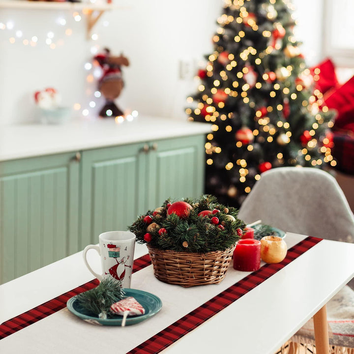 Weihnachtlicher Tischläufer aus Leinen in Rot | 180 x 33 cm mit Weihnachtsbaum-Motiv, moderne Tischdeko für Weihnachten und Advent