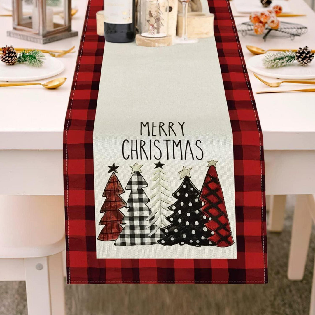 Weihnachtlicher Tischläufer aus Leinen in Rot | 180 x 33 cm mit Weihnachtsbaum-Motiv, moderne Tischdeko für Weihnachten und Advent