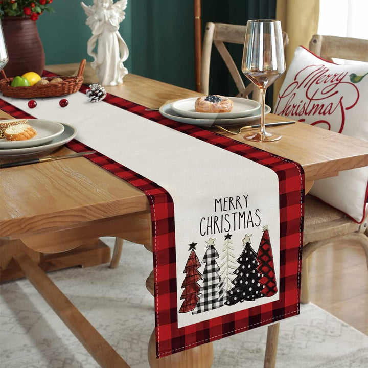 Weihnachtlicher Tischläufer aus Leinen in Rot | 180 x 33 cm mit Weihnachtsbaum-Motiv, moderne Tischdeko für Weihnachten und Advent