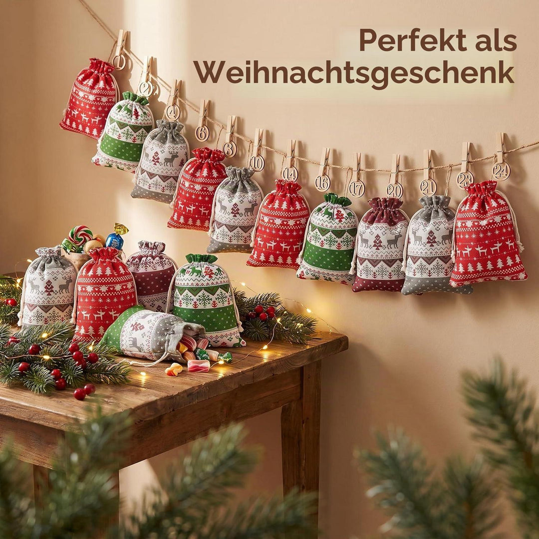 Adventskalender zum Befüllen 2026 mit 24 Stoffbeuteln | Wiederverwendbares Set mit Zahlenaufklebern, Holzklammern und 30 m Hanfseil
