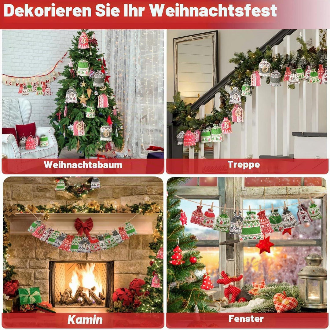 Adventskalender zum Befüllen 2026 mit 24 Stoffbeuteln | Wiederverwendbares Set mit Zahlenaufklebern, Holzklammern und 30 m Hanfseil