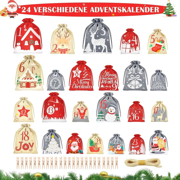 Adventskalender 2026 zum Befüllen mit 24 Stoffbeuteln | Wiederverwendbare Weihnachtssäckchen in 4 Größen mit Holzklammern und Juteschnur