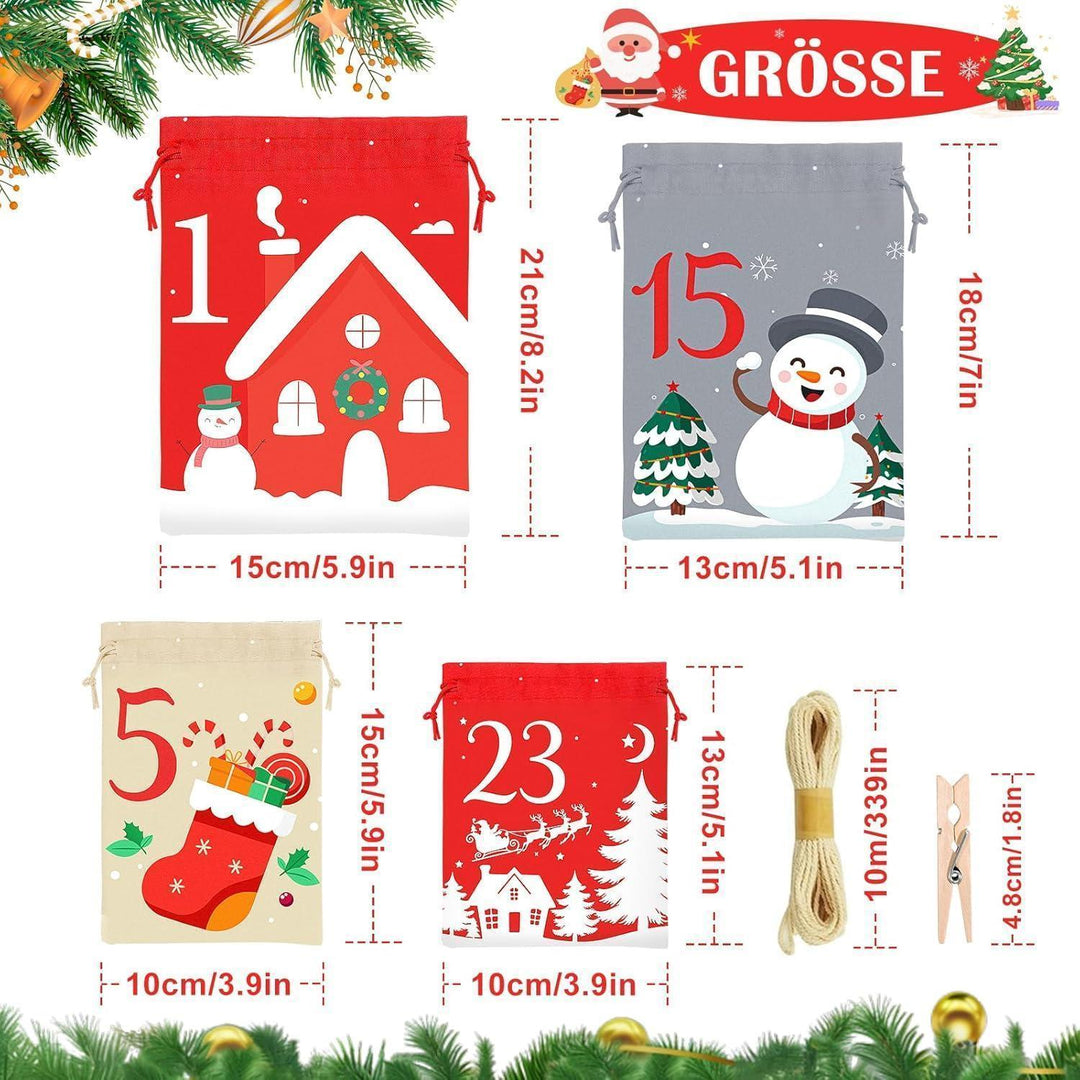Adventskalender 2026 zum Befüllen mit 24 Stoffbeuteln | Wiederverwendbare Weihnachtssäckchen in 4 Größen mit Holzklammern und Juteschnur