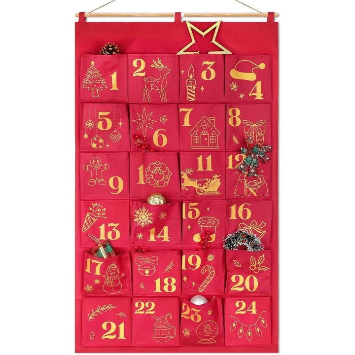 Adventskalender zum Befüllen mit 24 Glitzer-Säckchen | Große Stoffbeutel in Rotgold zum Aufhängen, wiederverwendbar für Weihnachten