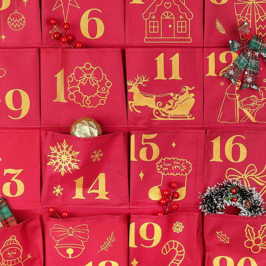 Adventskalender zum Befüllen mit 24 Glitzer-Säckchen | Große Stoffbeutel in Rotgold zum Aufhängen, wiederverwendbar für Weihnachten