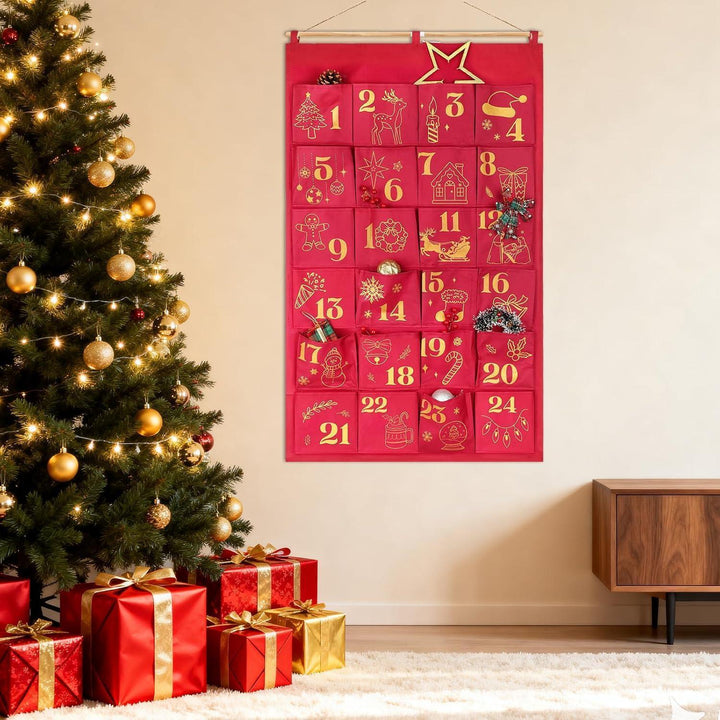 Adventskalender zum Befüllen mit 24 Glitzer-Säckchen | Große Stoffbeutel in Rotgold zum Aufhängen, wiederverwendbar für Weihnachten