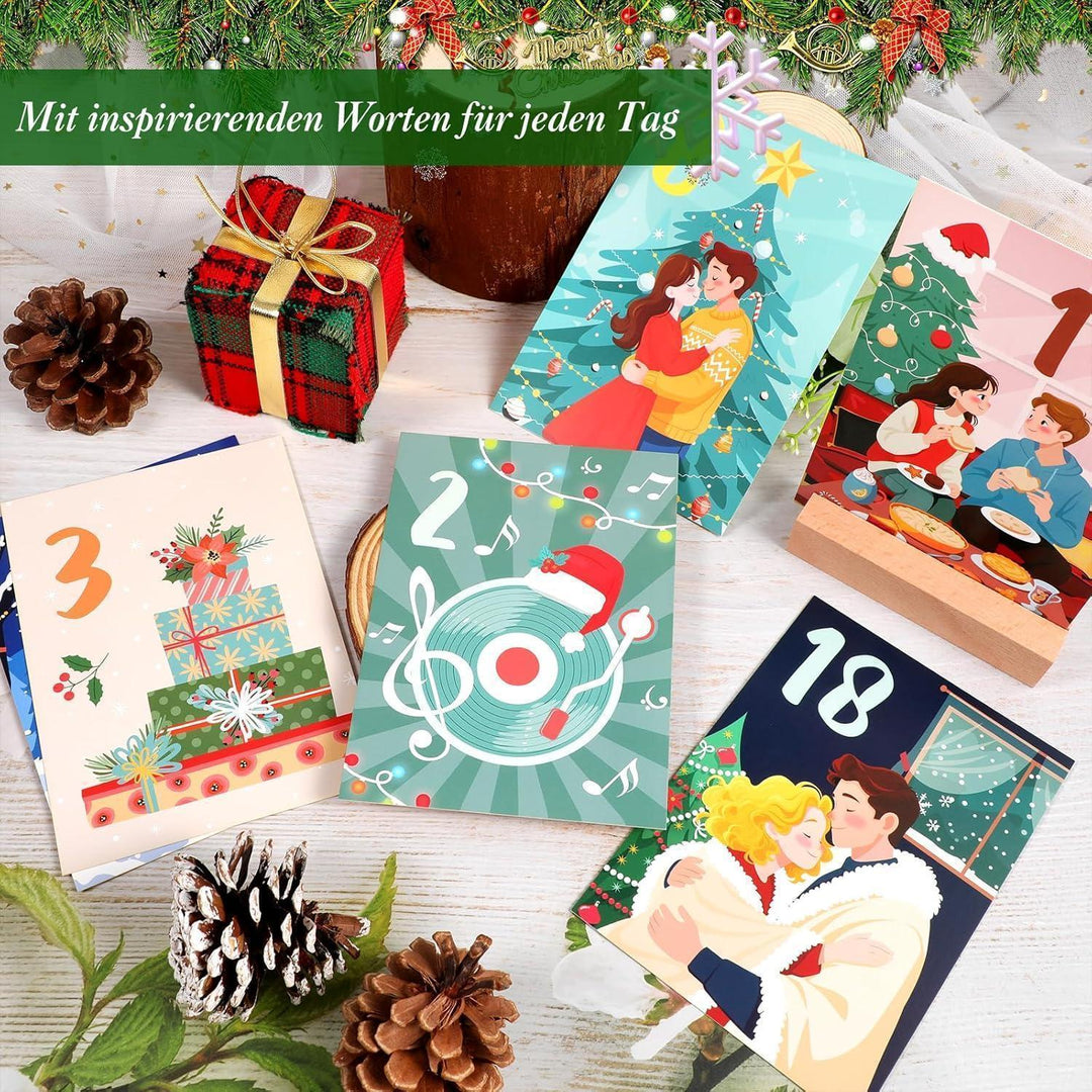 Adventskalender für Paare 2026 mit 24 Aufgabenkarten | Romantischer Paar-Adventskalender mit Holzständer, Holzklammern und Juteseil