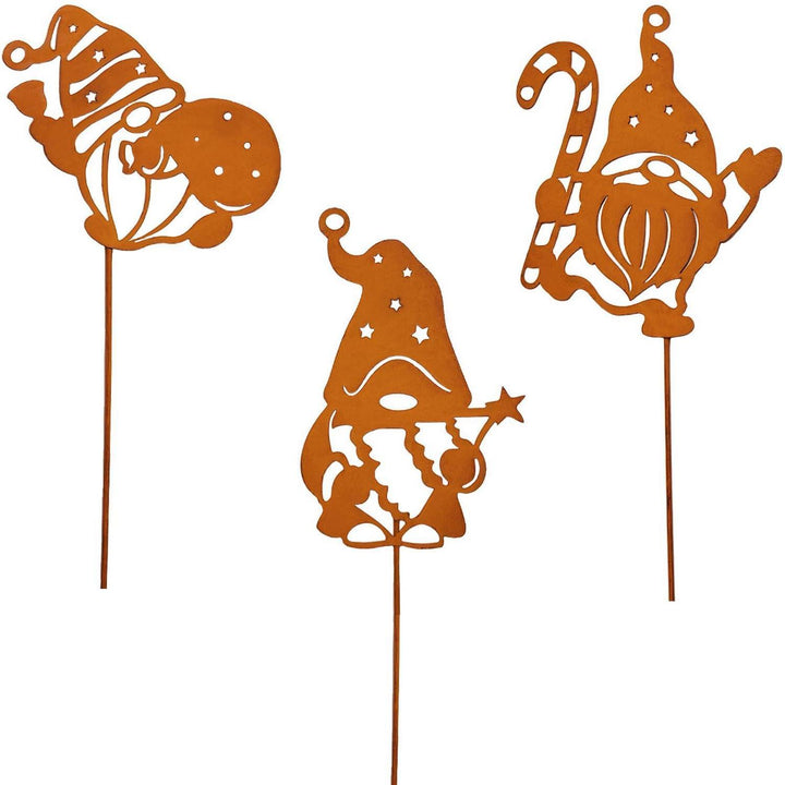 Weihnachtswichtel Gartenstecker 3er Set aus Metall | Wetterfeste Rostdeko 12 x 31 cm für Garten, Balkon und Blumentöpfe