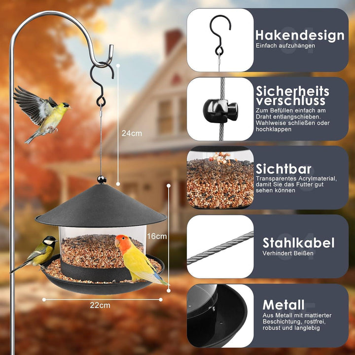 Vogelfutterstation zum Aufhängen | Wetterfestes Vogelfutterhaus mit 360° Futterzugang, Regenschutz und einfacher Befüllung