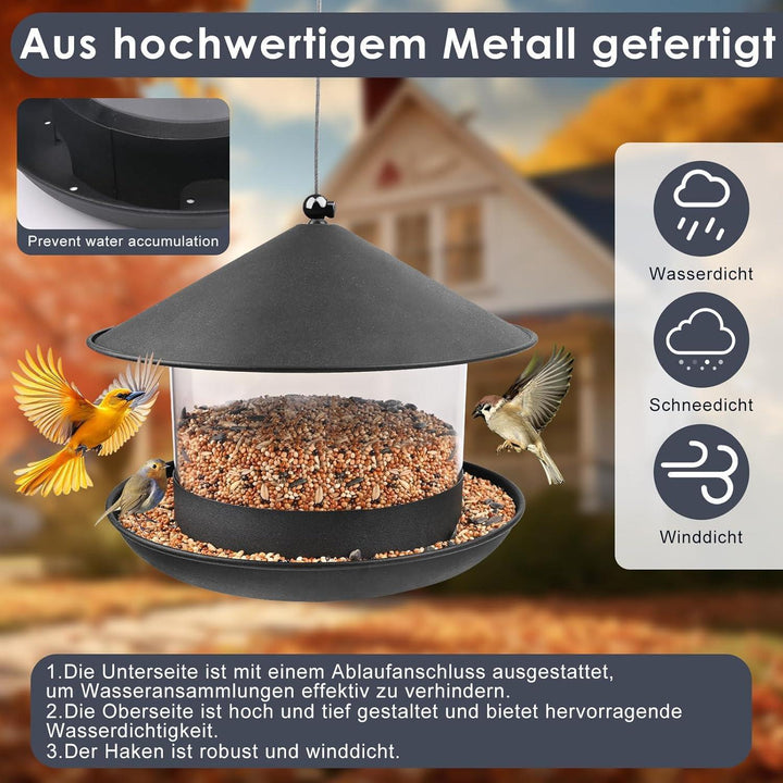 Vogelfutterstation zum Aufhängen | Wetterfestes Vogelfutterhaus mit 360° Futterzugang, Regenschutz und einfacher Befüllung