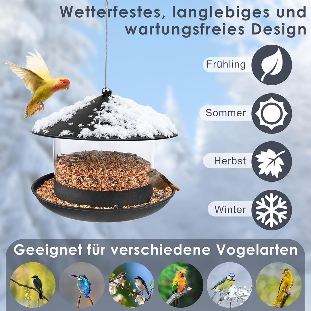 Vogelfutterstation zum Aufhängen | Wetterfestes Vogelfutterhaus mit 360° Futterzugang, Regenschutz und einfacher Befüllung