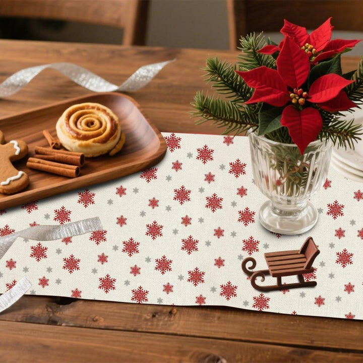 Weihnachtlicher Tischläufer aus Leinen mit Schneeflocken | Rot-weißes Weihnachtsdesign, 40 x 180 cm, waschbare Tischdeko für 4–6 Personen