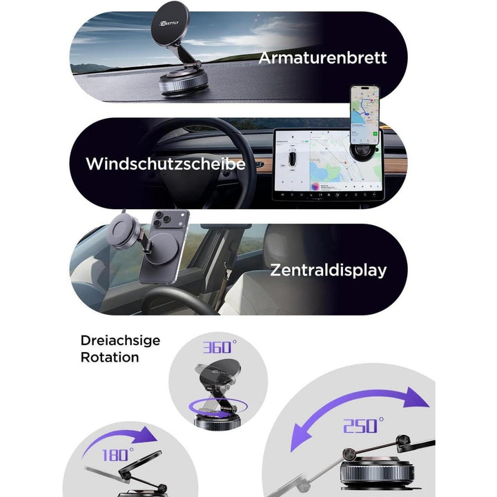 Magnetische Handyhalterung Auto mit MagSafe und Vakuum-Saugnapf | 22 N52-Magnete, 360° drehbar, 180° neigbar und einklappbar