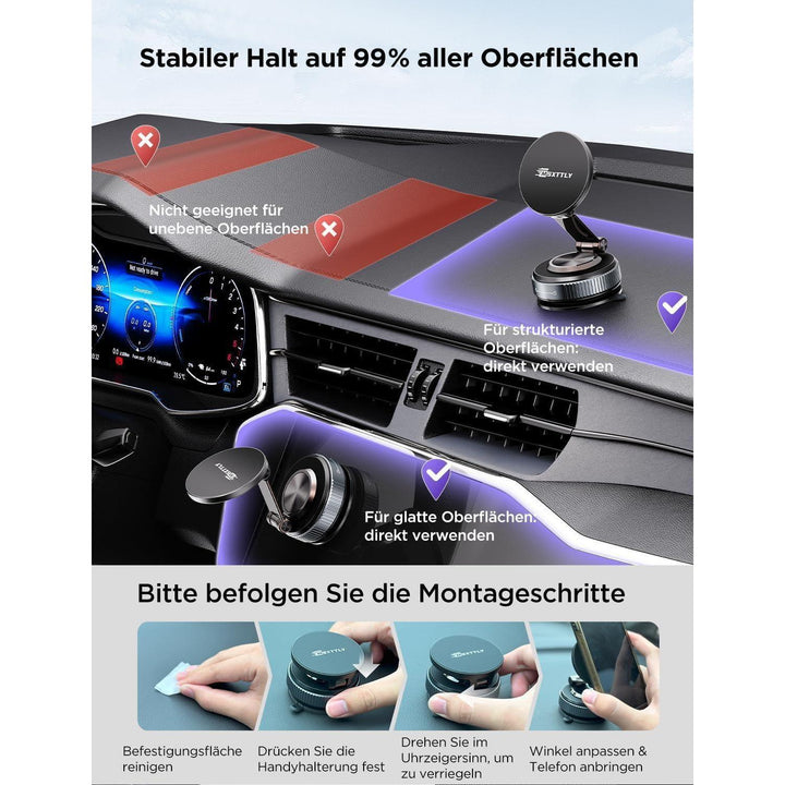 Magnetische Handyhalterung Auto mit MagSafe und Vakuum-Saugnapf | 22 N52-Magnete, 360° drehbar, 180° neigbar und einklappbar