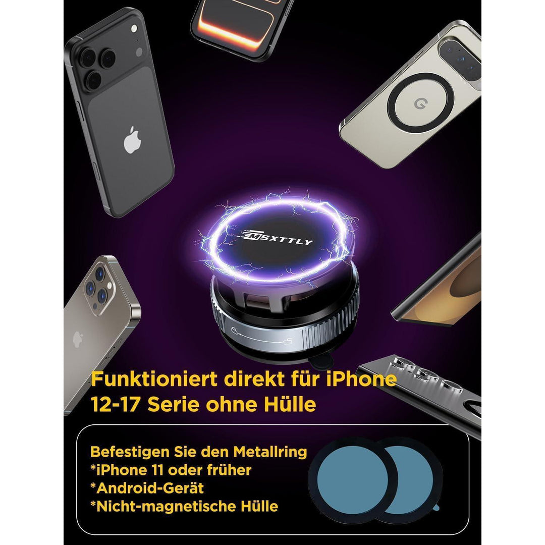 Magnetische Handyhalterung Auto mit MagSafe und Vakuum-Saugnapf | 22 N52-Magnete, 360° drehbar, 180° neigbar und einklappbar