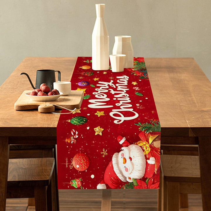 Weihnachtlicher Tischläufer Rot 40 x 100 cm | Frohe Weihnachten mit Schneemann, Weihnachtsbaum und Schneeflocken, waschbare Tischdeko