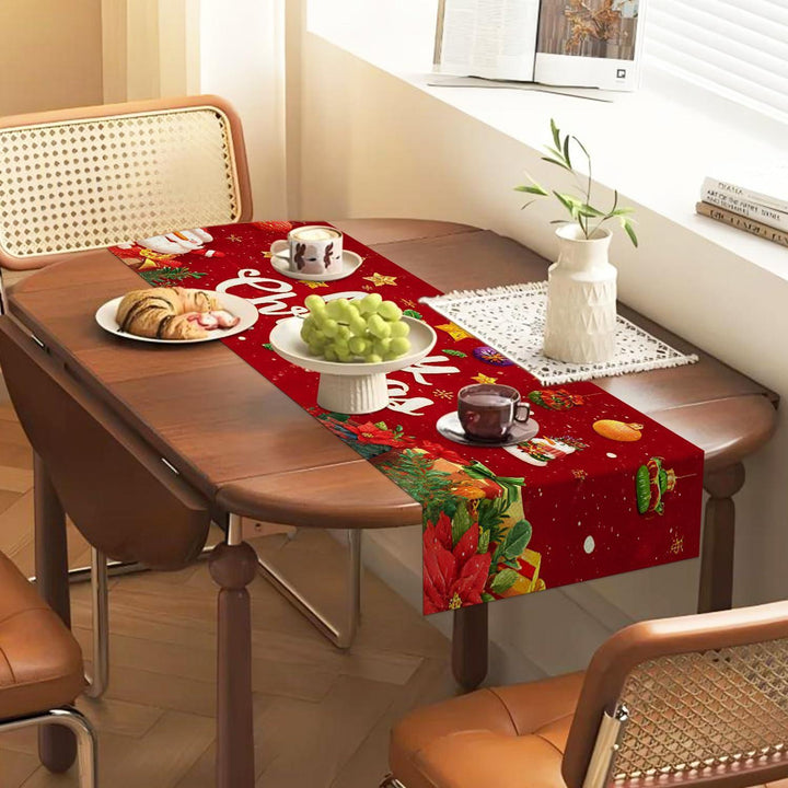 Weihnachtlicher Tischläufer Rot 40 x 100 cm | Frohe Weihnachten mit Schneemann, Weihnachtsbaum und Schneeflocken, waschbare Tischdeko