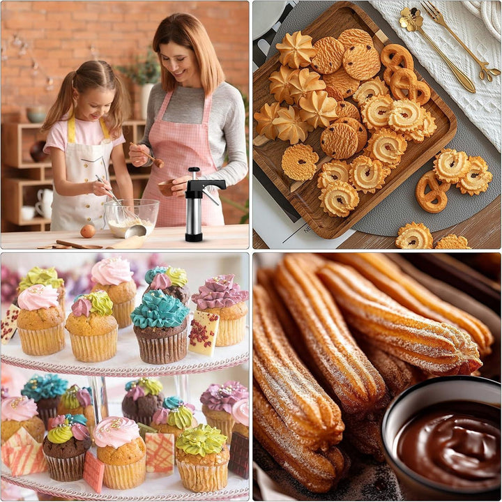 Gebäckpresse Set aus Edelstahl mit 13 Formen | Spritzgebäckpresse mit 8 Tüllen und Silikonspatel für Kekse, Kuchen und Desserts