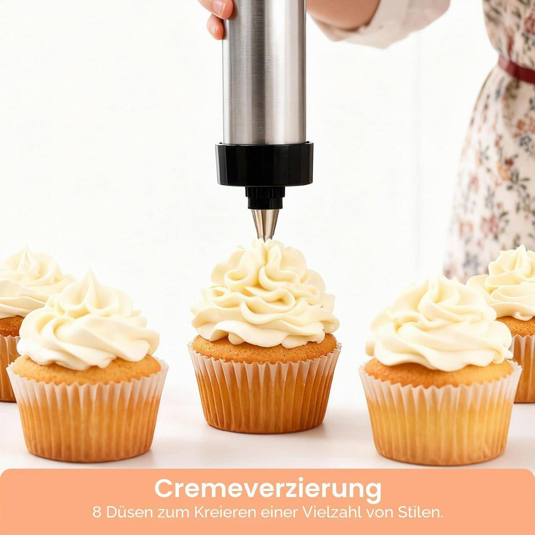 Gebäckpresse Set aus Edelstahl mit 13 Formen | Spritzgebäckpresse mit 8 Tüllen und Silikonspatel für Kekse, Kuchen und Desserts