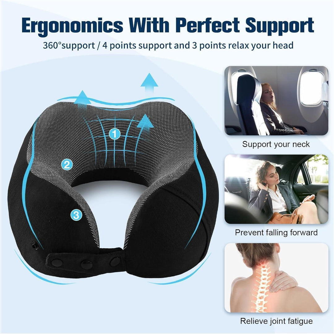 Nackenkissen Memory Foam Schwarz für Flugzeug und Auto | Verstellbares Reisekissen mit waschbarem Bambusbezug und Reisezubehör