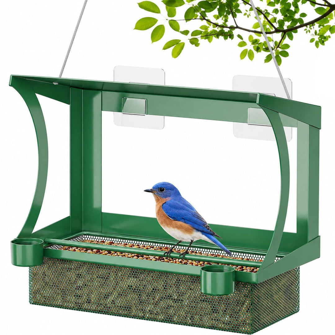 Vogelfutterhaus 2-in-1 | Wetterfeste Futterstation für Fenster und Garten mit Wasserbechern, Regenschutz und Montage ohne Bohren