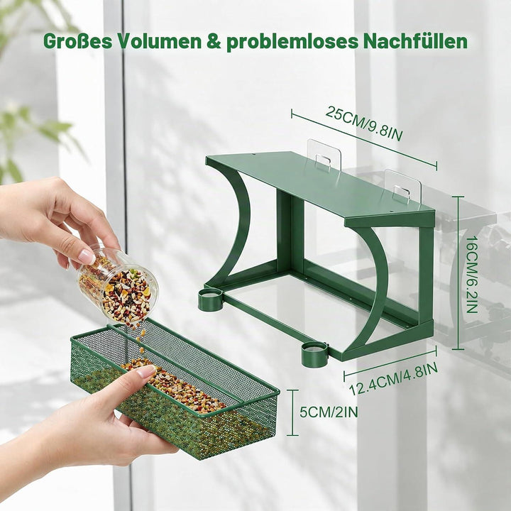 Vogelfutterhaus 2-in-1 | Wetterfeste Futterstation für Fenster und Garten mit Wasserbechern, Regenschutz und Montage ohne Bohren