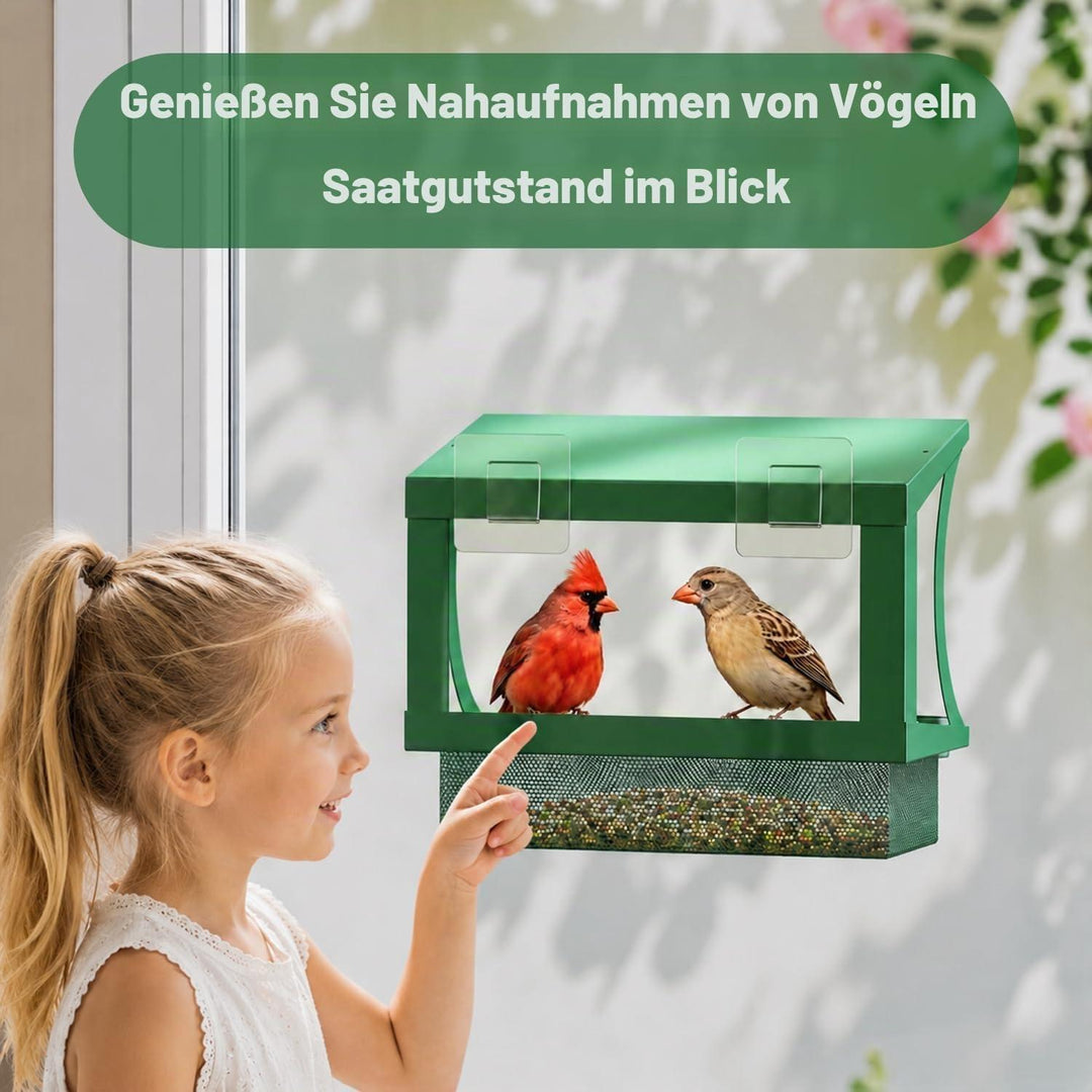Vogelfutterhaus 2-in-1 | Wetterfeste Futterstation für Fenster und Garten mit Wasserbechern, Regenschutz und Montage ohne Bohren