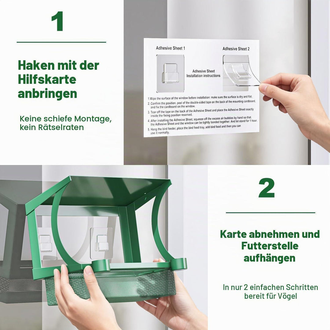 Vogelfutterhaus 2-in-1 | Wetterfeste Futterstation für Fenster und Garten mit Wasserbechern, Regenschutz und Montage ohne Bohren