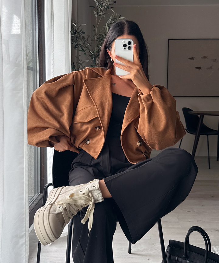 Damen Crop Trenchcoat | Kurzer Wildleder-Look Mantel mit modernem Schnitt