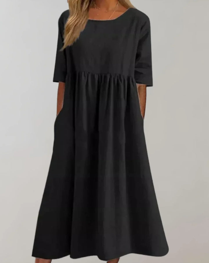 Damen Baumwollkleid mit geraffter Taille | locker &amp; atmungsaktiv | mit Seitentaschen für Alltag, Sommer &amp; Freizeit