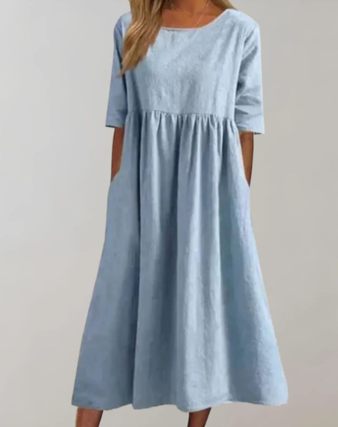 Damen Baumwollkleid mit geraffter Taille | locker &amp; atmungsaktiv | mit Seitentaschen für Alltag, Sommer &amp; Freizeit
