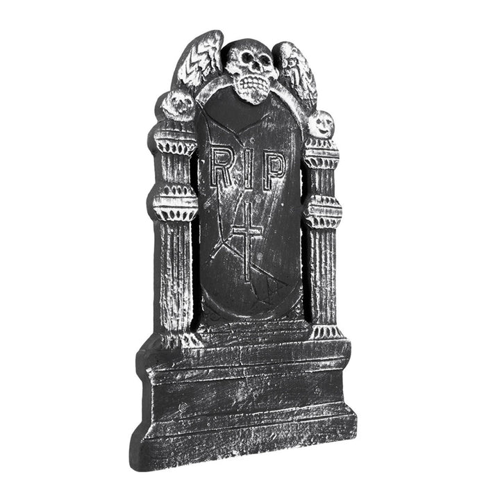 Halloween Grabstein Deko | Schwarzer Grabstein mit Totenkopf und RIP-Schriftzug für Friedhofs- und Halloween-Dekoration